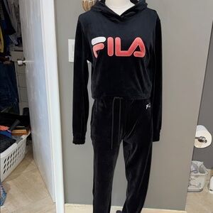 Fila Black Velour Hoodie Set with Pink Accents
